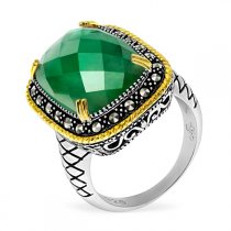 Серебряное кольцо ALEXANDRE VASSILIEVс зеленым кварцем, перламутром, марказитами и позолотой