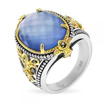 Серебряное кольцо ALEXANDRE VASSILIEVс голубым кварцем, перламутром, марказитами и позолотой